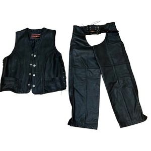 Vintage Leather Motorcycle Vest & Chaps Black Leather Buffalo Head Nickel Button